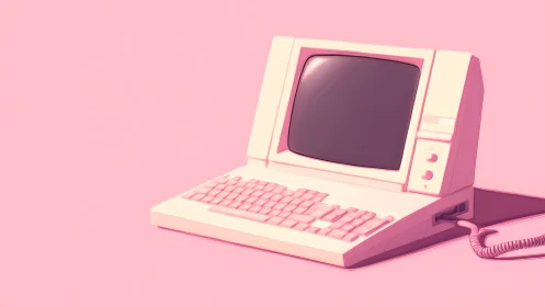 Vintage desktop computer on monochrome pink background.