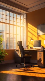 Modern workspace with large window and warm direct light.