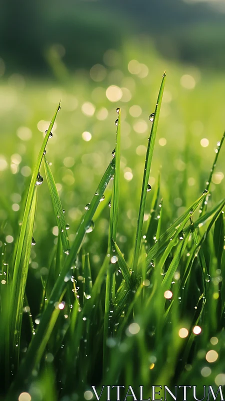 Morning dew on sharp green grass blades in soft focus field.