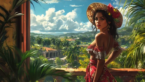 Tropical balcony portrait with sunlit valley depth rendering.