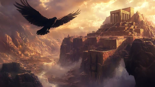 Ancient cliff fortress rises beneath a soaring dark raven.