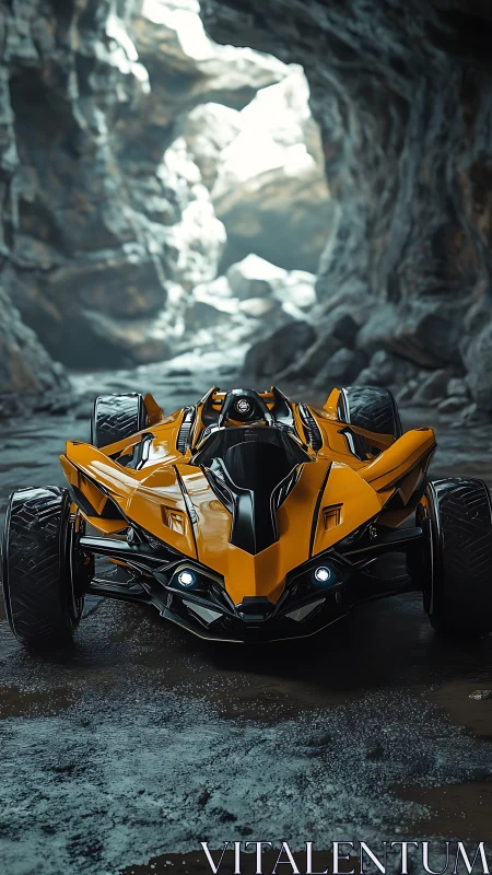 Futuristic yellow hypercar framed inside rugged rock cave.