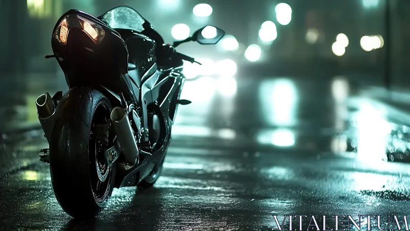 Midnight superbike waits in neon mist on wet city street.