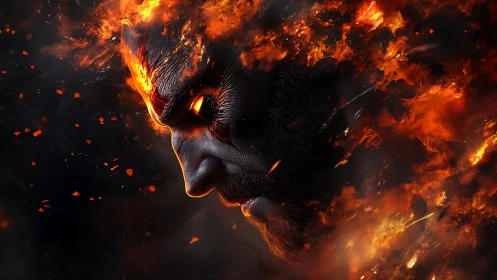 Fiery demon face emerging from swirling dark flames.