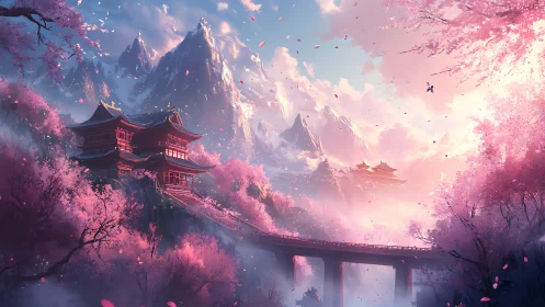 Mountain temple complex spans valley beneath cherry blossoms