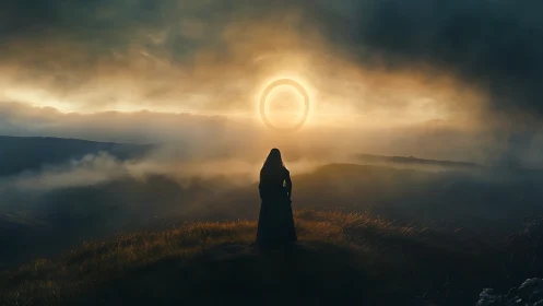 Solitary figure observes luminous ring in foggy hillside landscape