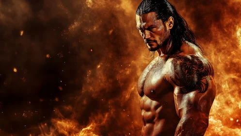 Fiery warrior stands amid swirling embers and darkness.