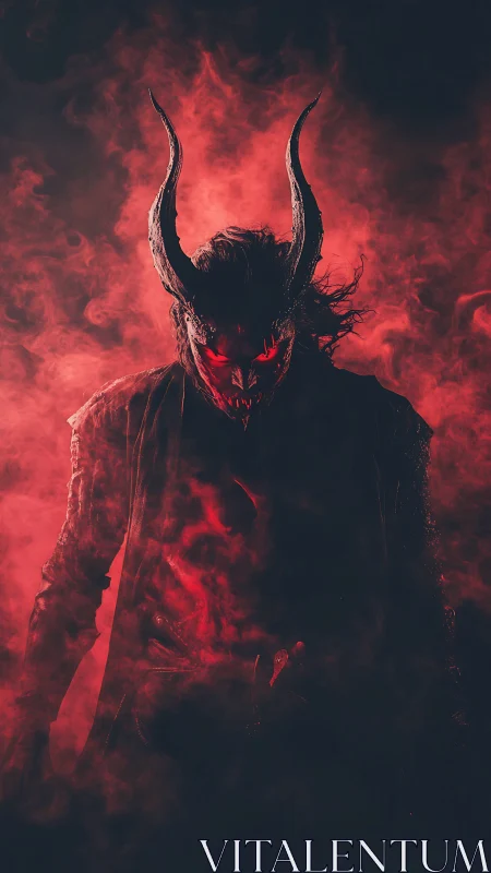 Horned shadowwalker rising through crimson ashstorm.