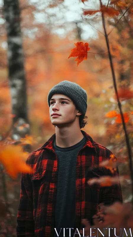 Young man in flannel amid soft-focus autumn foliage.