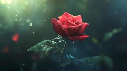 Red rose with dewdrops against emerald bokeh background.