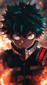 Anime character portrait with fiery background and mask detail.