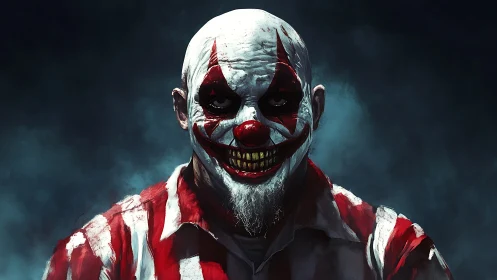 Sinister clown emerges from smoky darkness with chilling grin