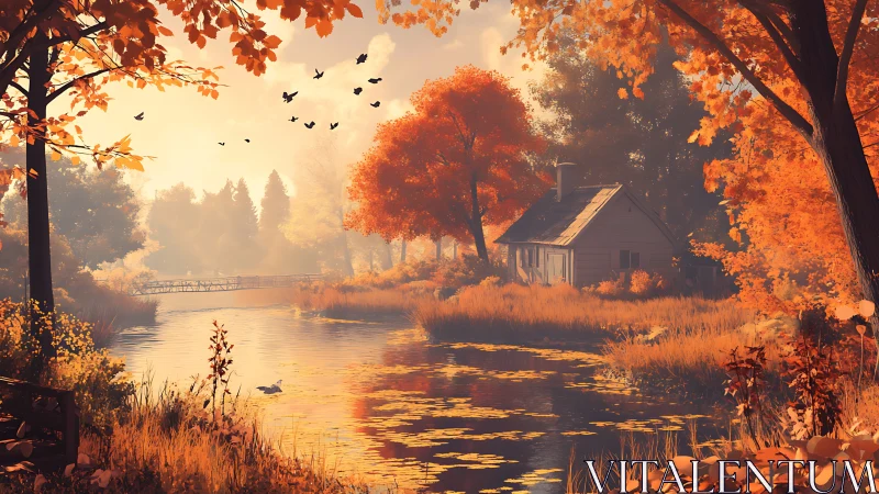 Autumn riverside cottage under golden backlit foliage glow.