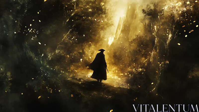 Lone wanderer in molten gold forest lightscape at dusk.