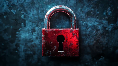 Red metal padlock glows against dark grunge background.