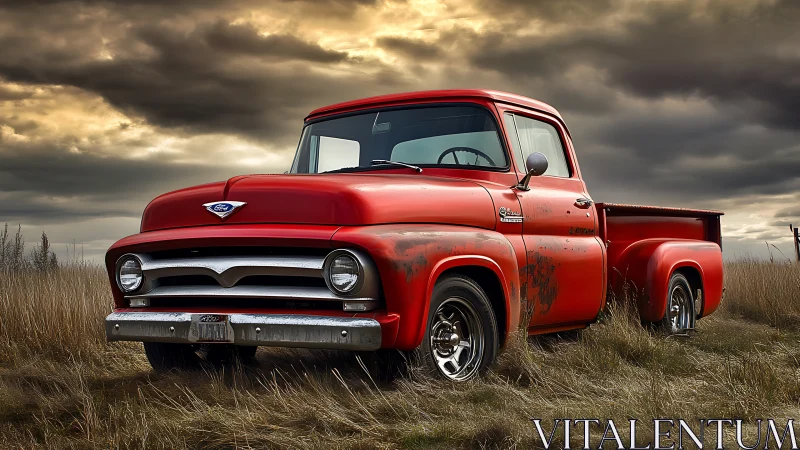 Weathered red pickup truck under dramatic storm clouds.