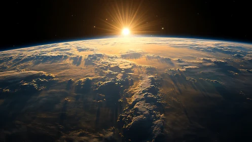 Sunrise leans over Earth, brushing cloud oceans with gold