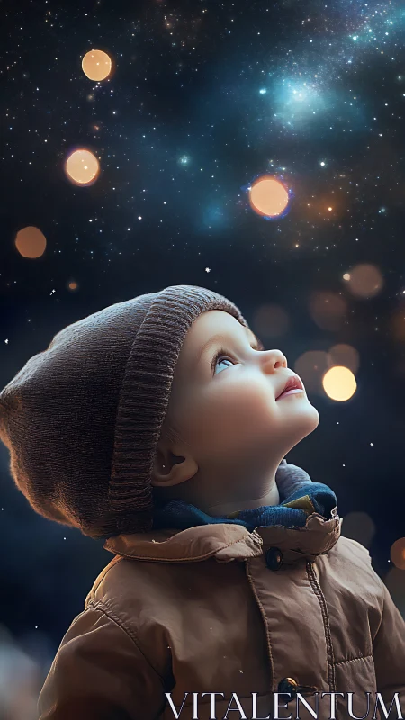 Child gazes toward glowing winter night sky in wonder.