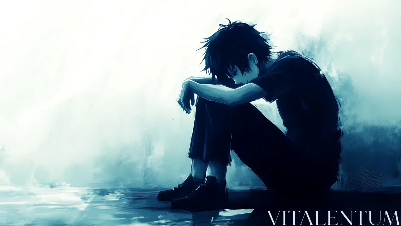 Solitary seated figure in blue monochrome environment.