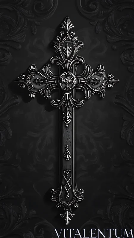 Baroque midnight cross etched in silvered shadow relief.