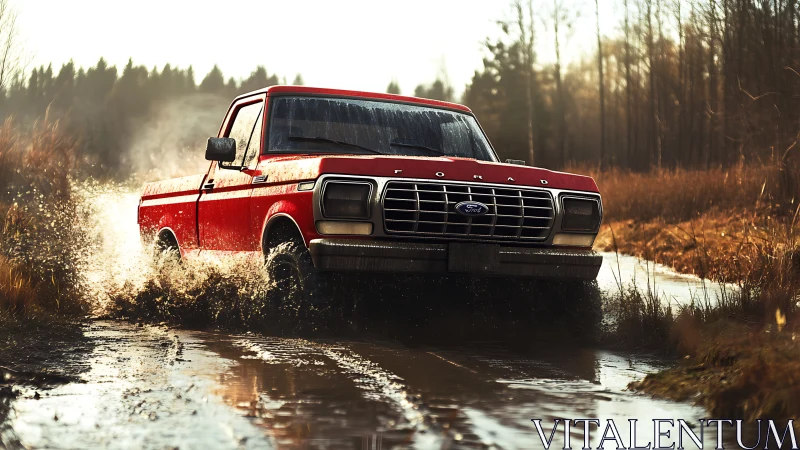 Bold red pickup truck splashes through a muddy forest trail
