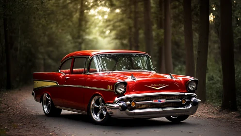 Classic red Chevy glowing softly in a peaceful forest lane.