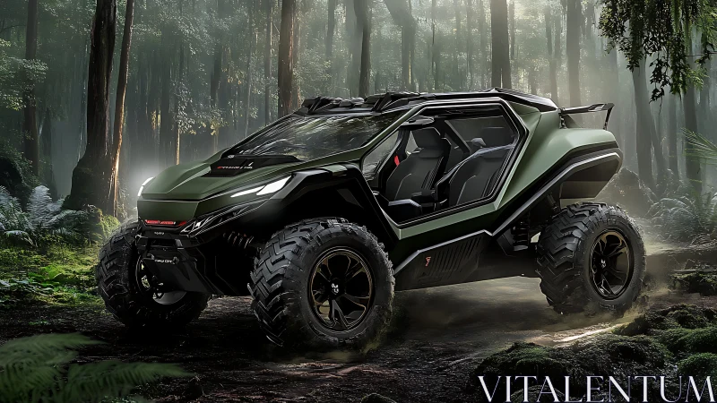 Militarized off-road reconnaissance buggy in dense misty rainforest