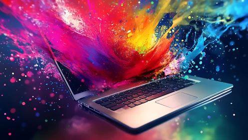 Laptop geyser of color storms the quiet digital workspace.