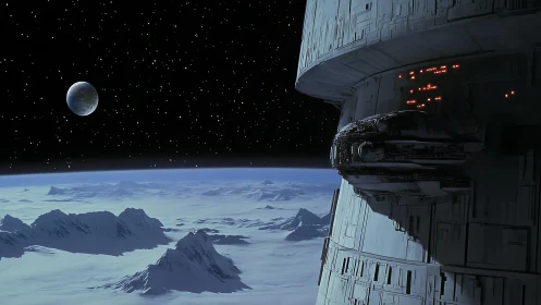 Orbital space station over frozen planetary landscape at night.