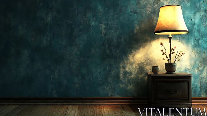 Table lamp and nightstand against textured teal wall.