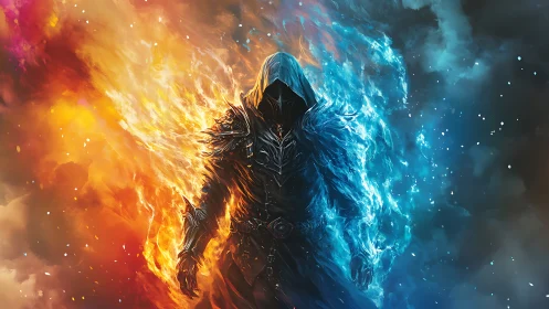 Hooded elemental warrior forged in twin storms of fire and ice.