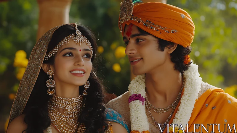 Photorealistic Indian couple in ornate traditional wedding attire