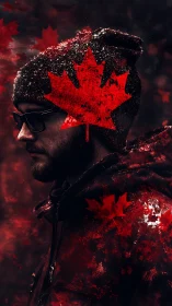 Stylized Canadian portrait merges maple leaf overlays and bokeh