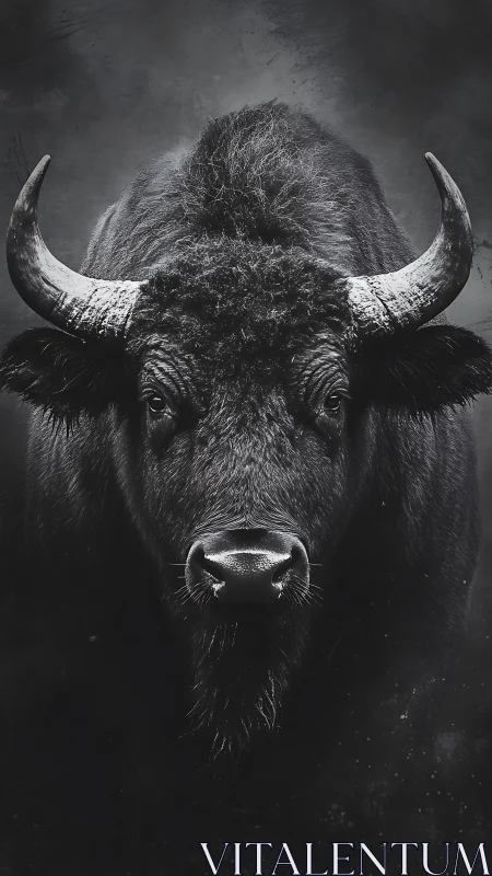 Monochrome frontal portrait shows horned bovine in detail