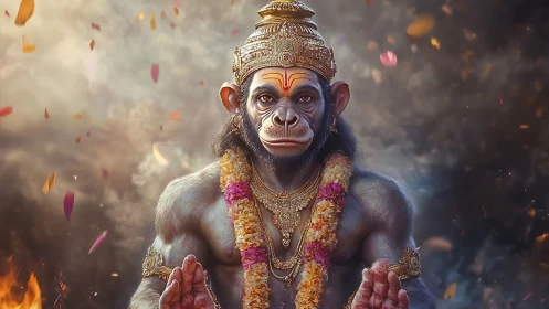 Radiant monkey deity offers calm blessings in glowing light