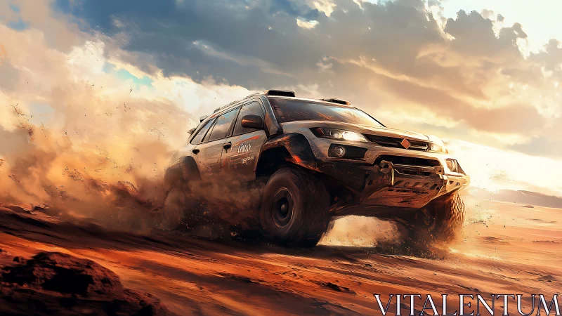 Desert rally SUV powers through dust at golden sunset.