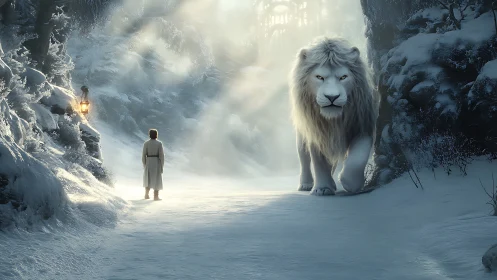 Snowbound boy meets luminous white lion in winter passage.