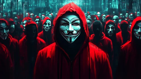 Hooded mask collective in neon-tinted cybernetic procession.