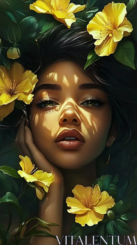 Portrait of woman framed by yellow flowers and foliage