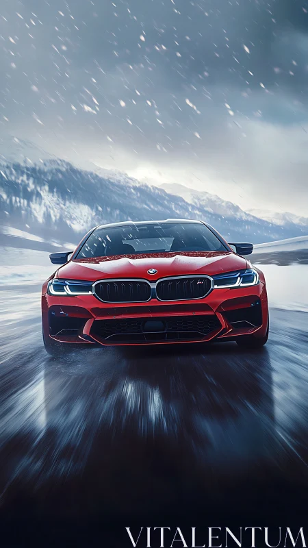 Red BMW sports sedan drives fast on icy mountain road.