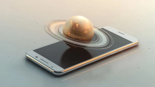 Golden ringed planet gently rising from a sleek phone.