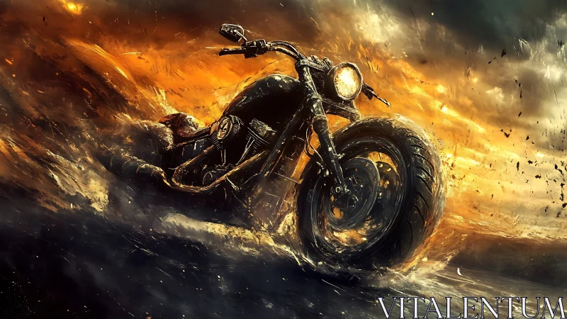 High-torque motorcycle traversing infernal fluid stormscape.