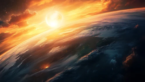 Digital painting of planetary sunrise with dramatic curvature.