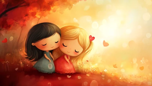 Two animated figures embrace in warm, luminous autumn scenery with heart motifs