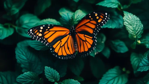 Monarch butterfly with open wings on dense green foliage.