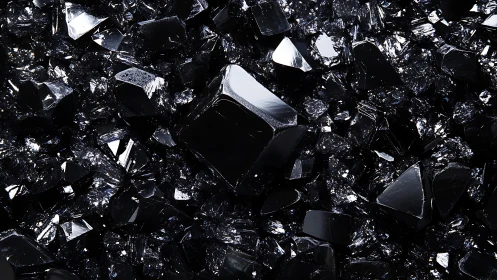 Dark reflective crystal fragments in dense clustered field.