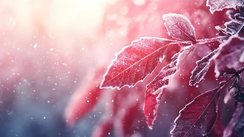 Frosted red leaves suspended in shallow depth-of-field bokeh