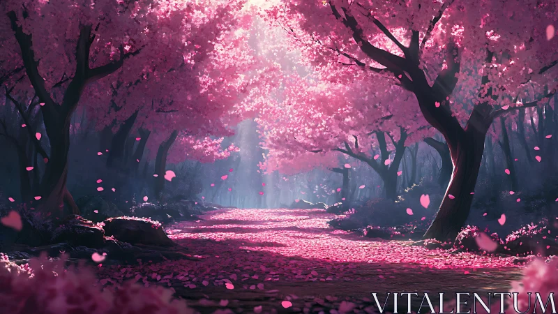 Cherry blossom forest path under glowing spring light.