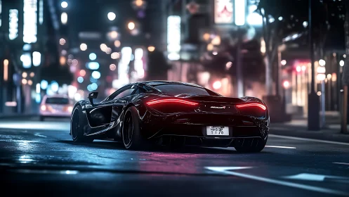 Black sports car drives through wet neon city street at night