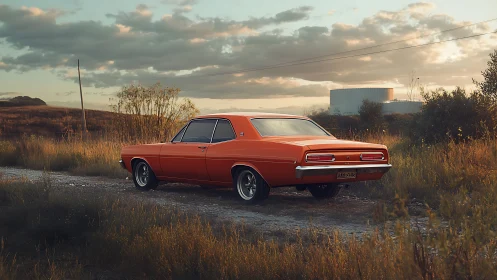 Orange vintage muscle car on rural gravel road at sunset